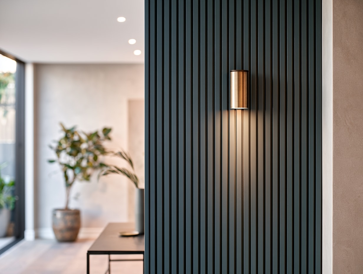 Floor-to-ceiling fluted wall panelling in a deep painted finish