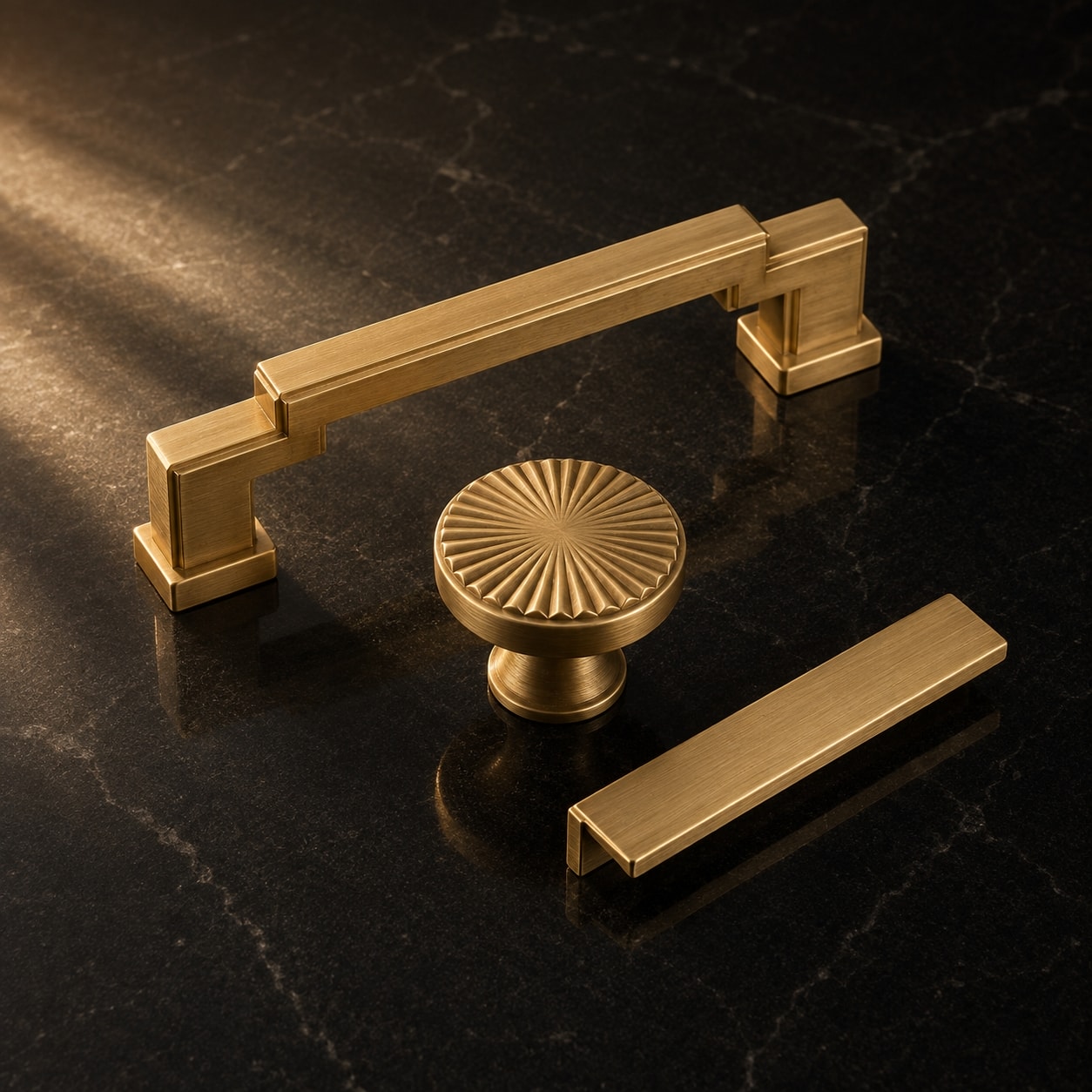 Stepped Art Deco brass cabinet hardware arranged on a dark stone surface
