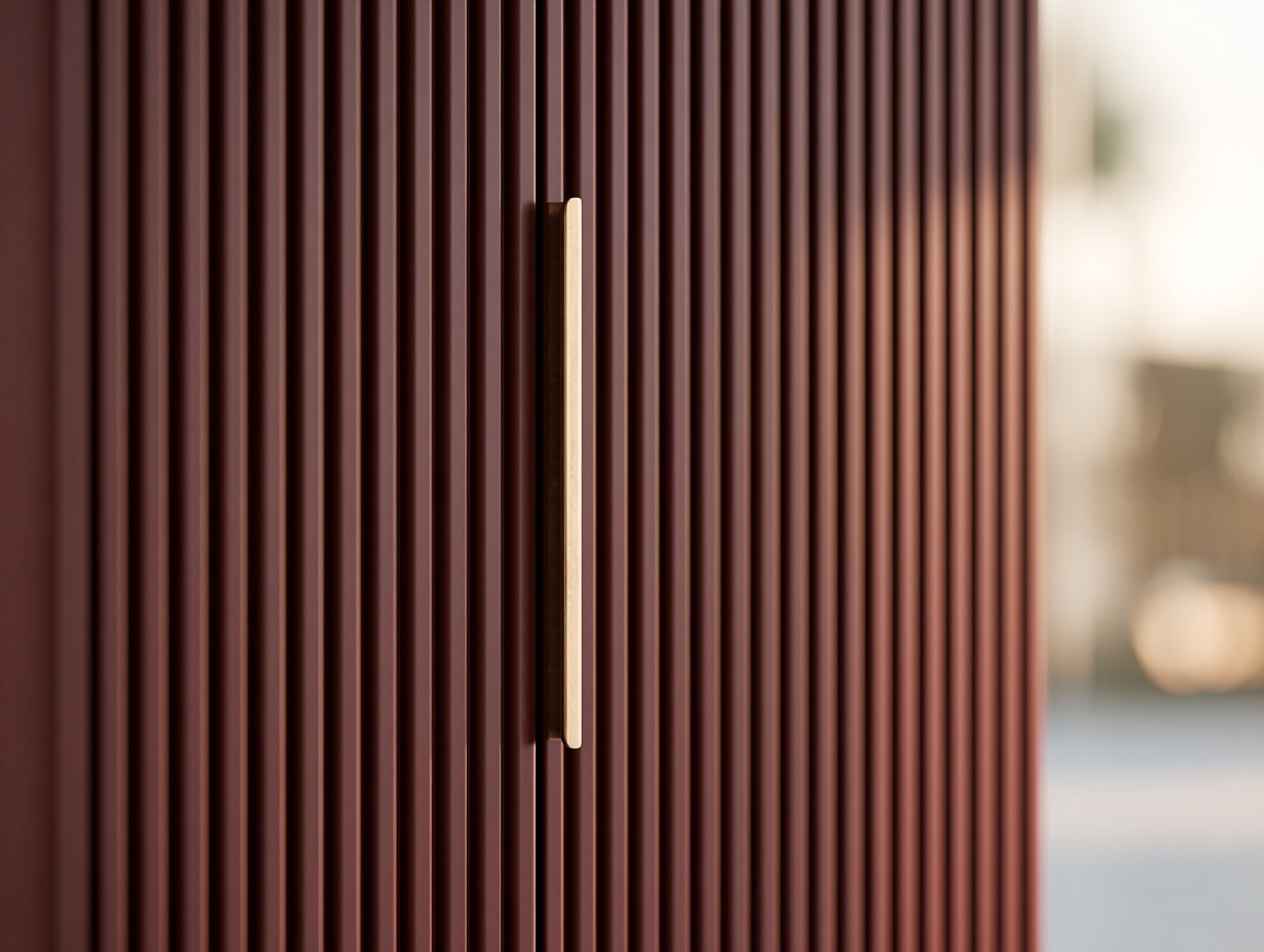 Close-up of a fluted cabinet front in deep lacquer with a slim brass pull
