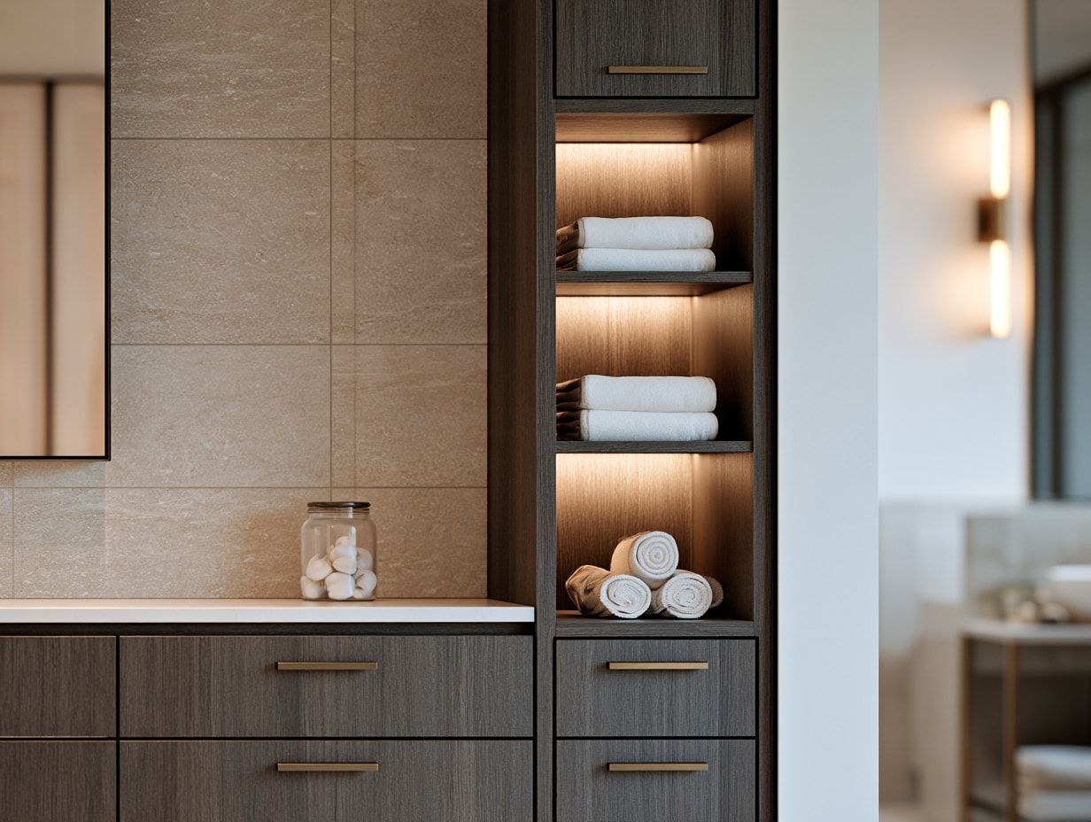 Tall linen tower with open shelving and drawers holding folded towels
