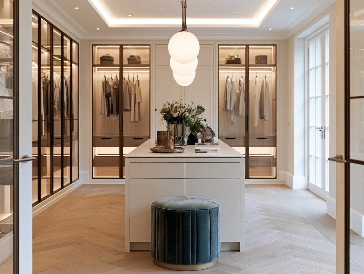Boutique-style dressing room with glass-front wardrobes, an island, and a velvet stool