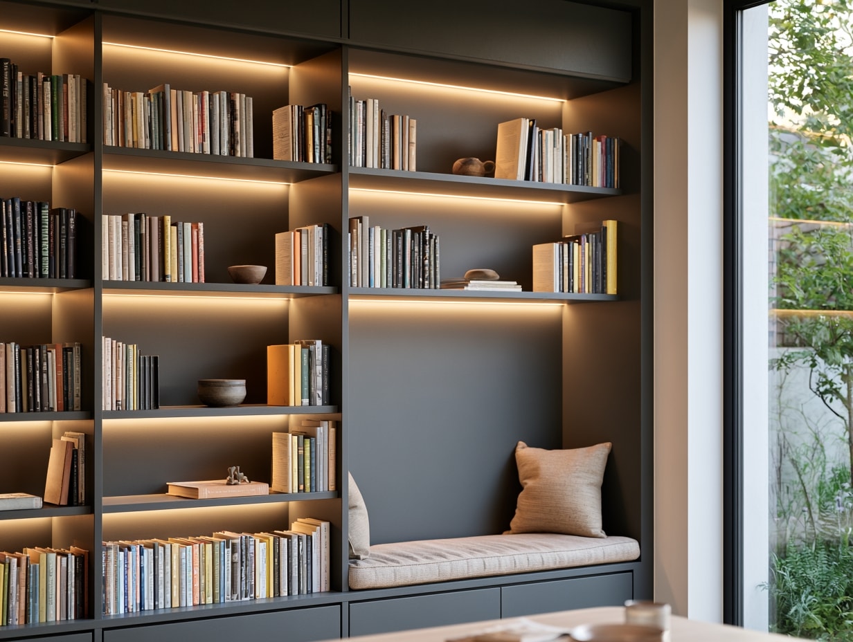 Built-in library shelving with integrated lighting and a window seat set into the run