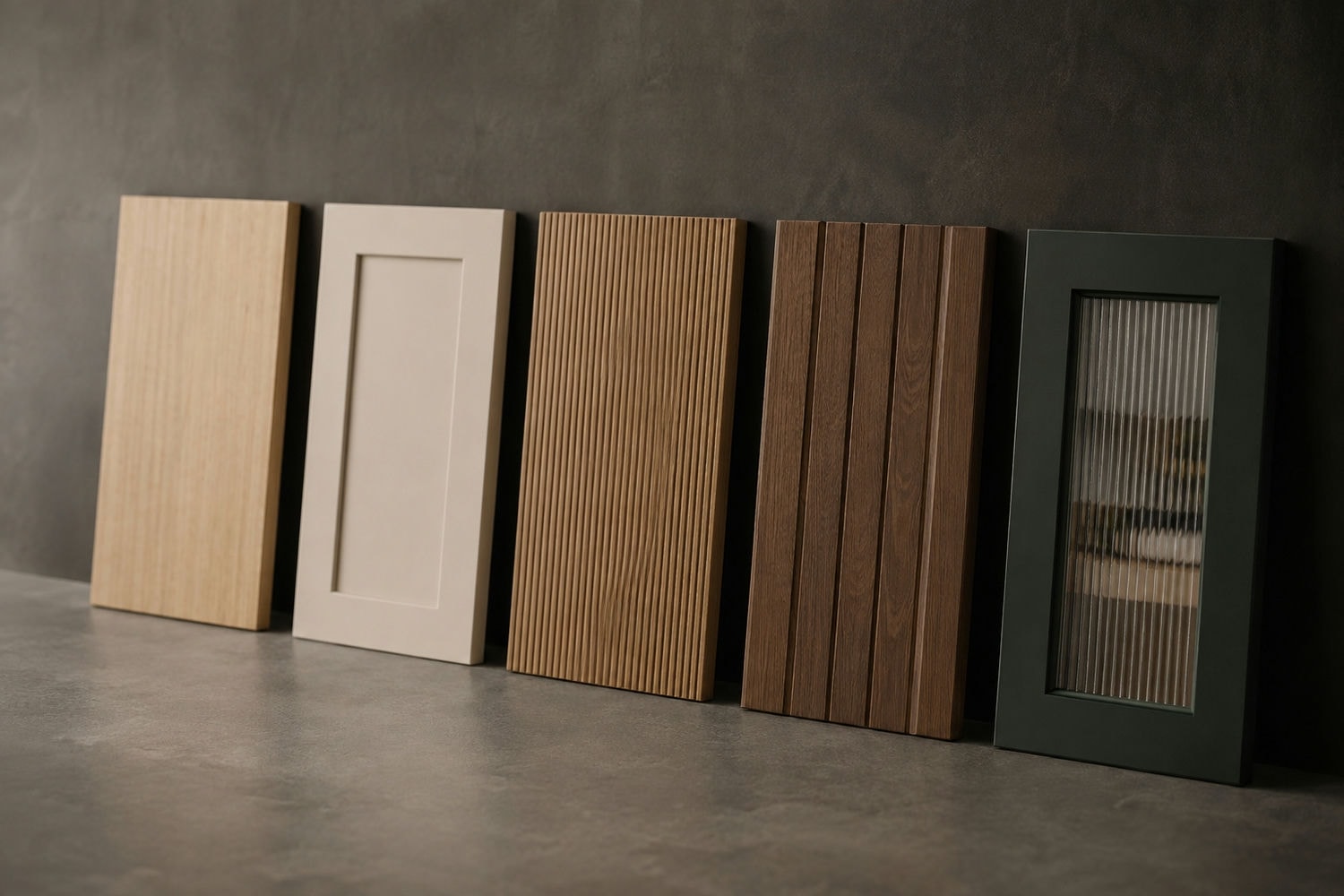 Row of cabinet door samples in slab, shaker, fluted, and reeded glass profiles