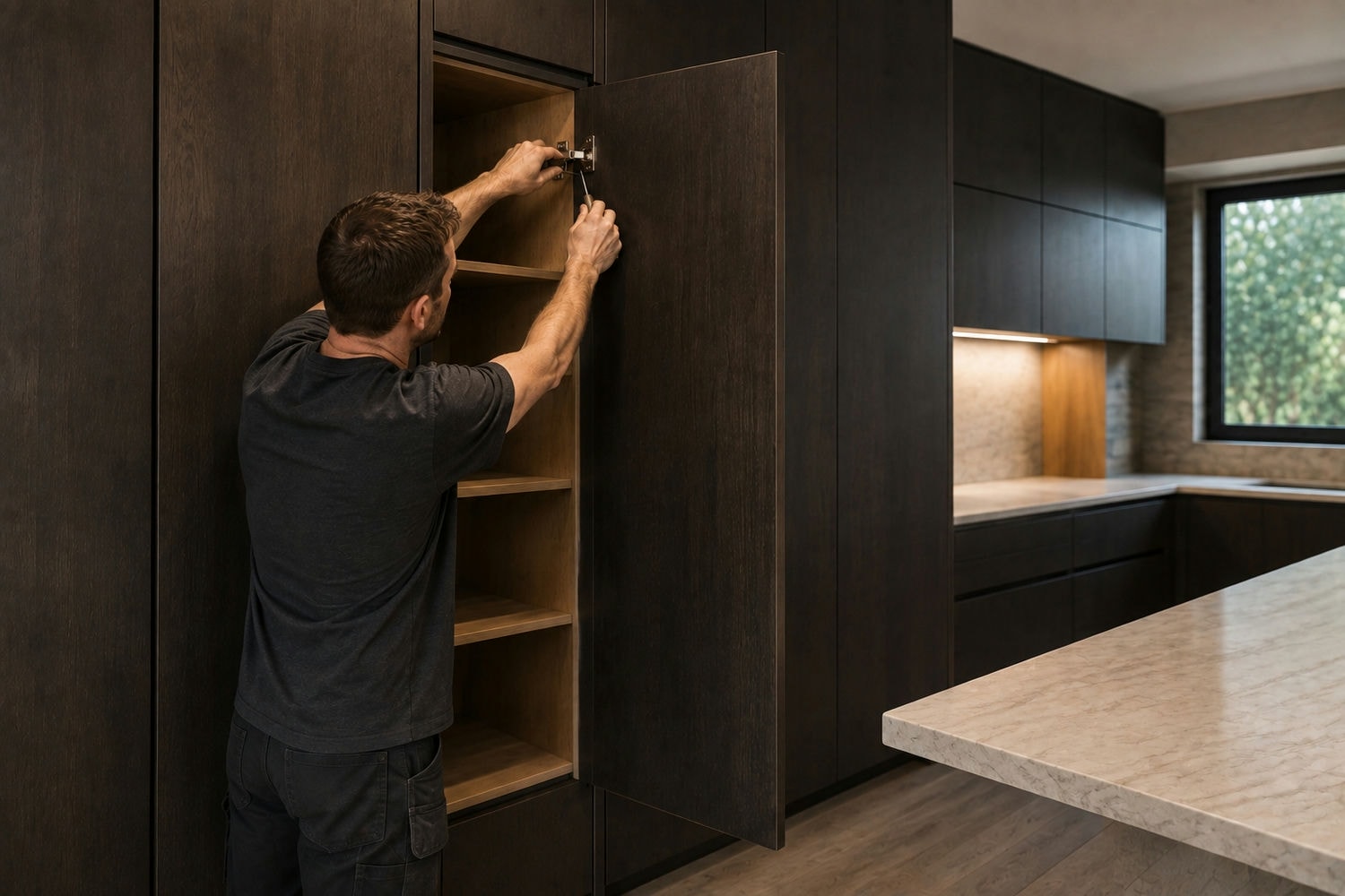 Installer adjusting a concealed hinge to set a cabinet door reveal