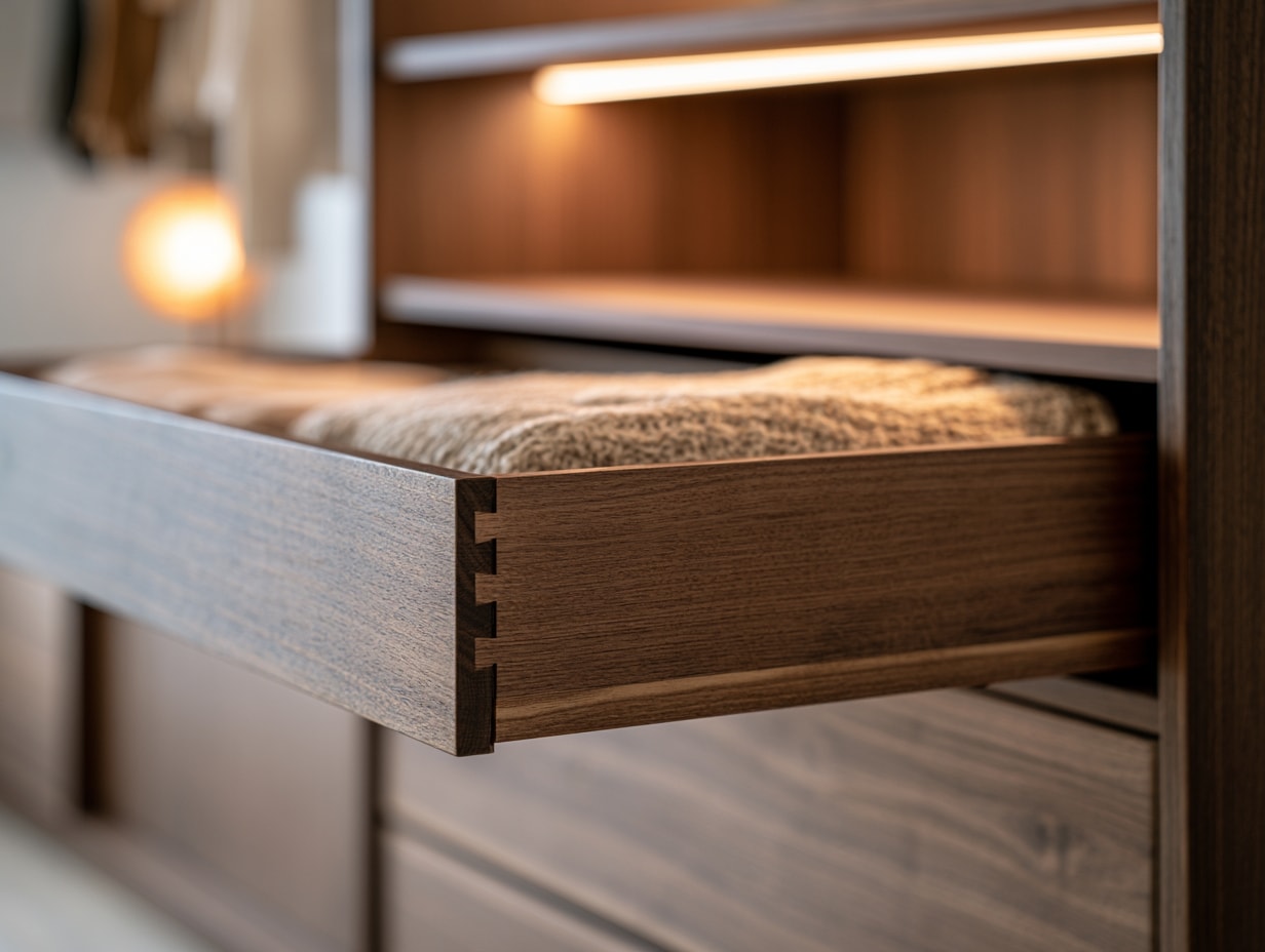 Close-up of a solid timber closet drawer showing dovetail joinery and an undermount runner