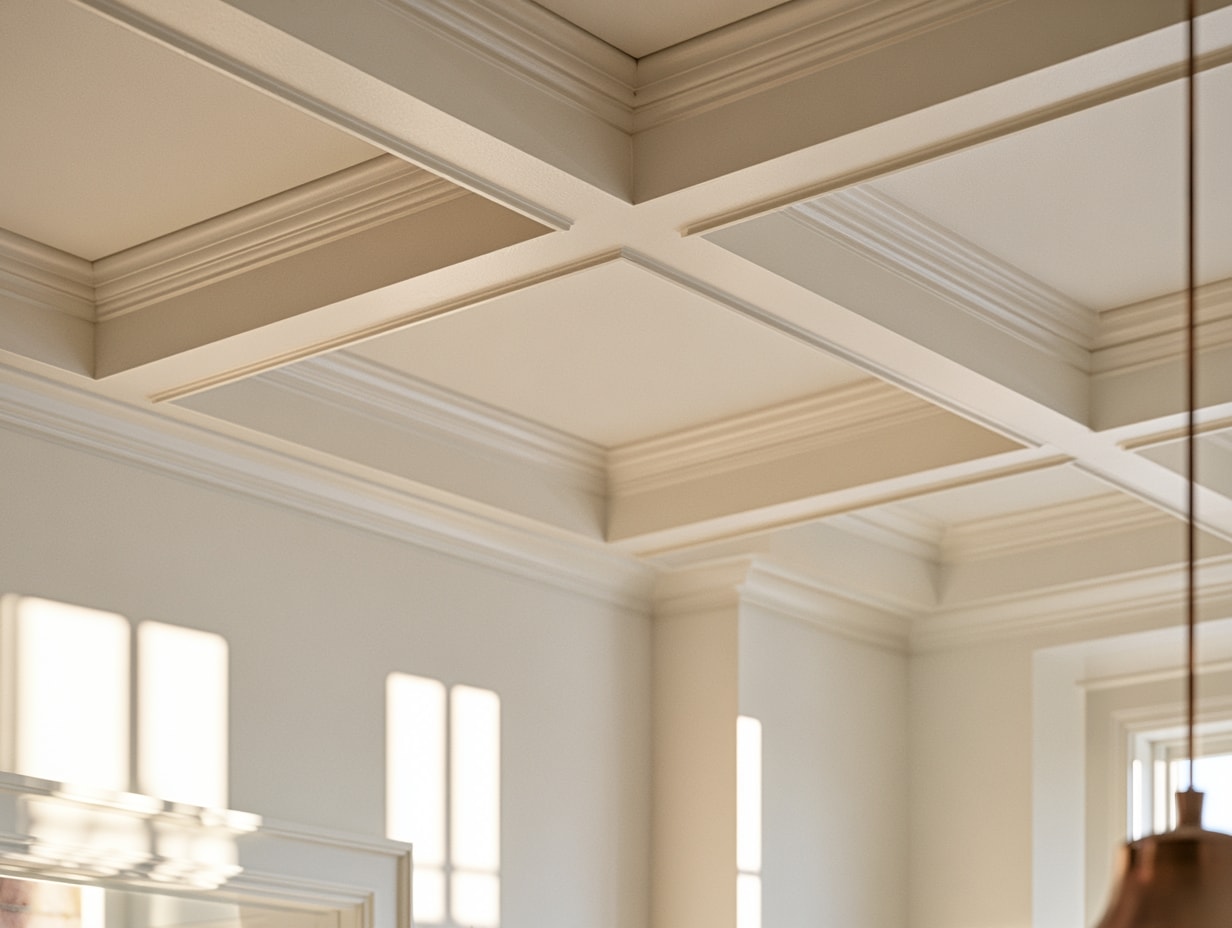 Coffered ceiling and stepped crown moulding detail in a panelled room