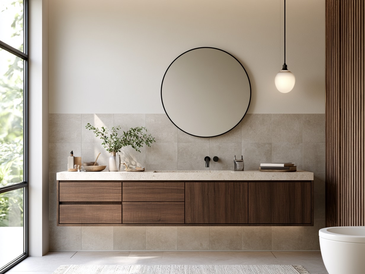 Floating custom bathroom vanity in dark veneer with a stone counter and round mirror