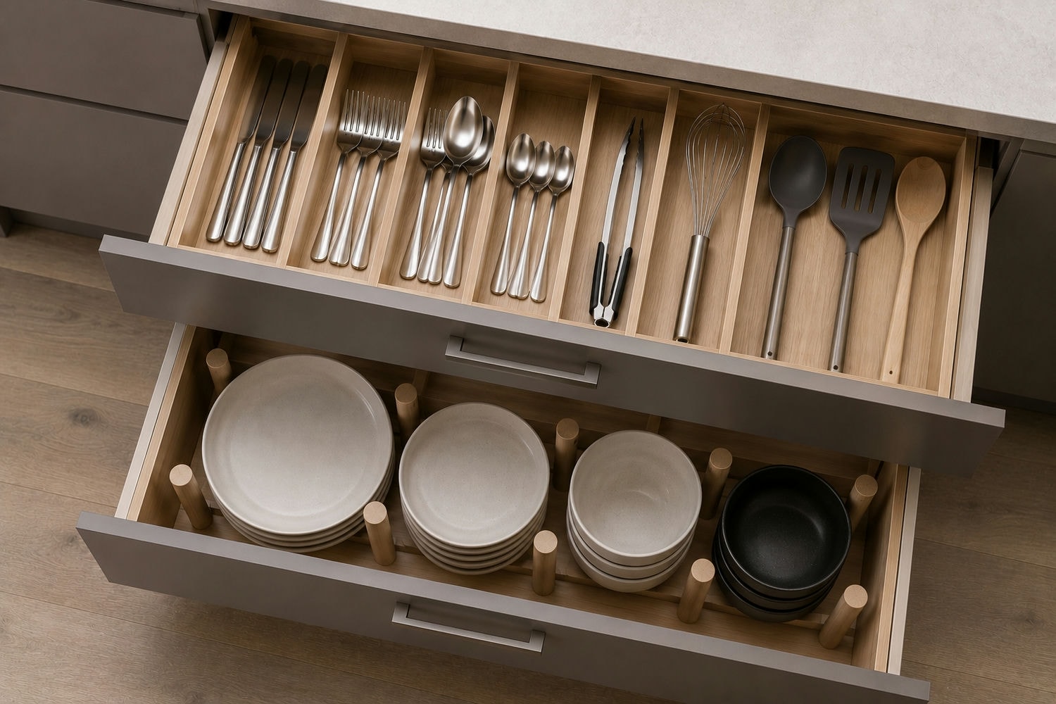 Deep kitchen drawer with custom timber inserts holding cutlery and utensils