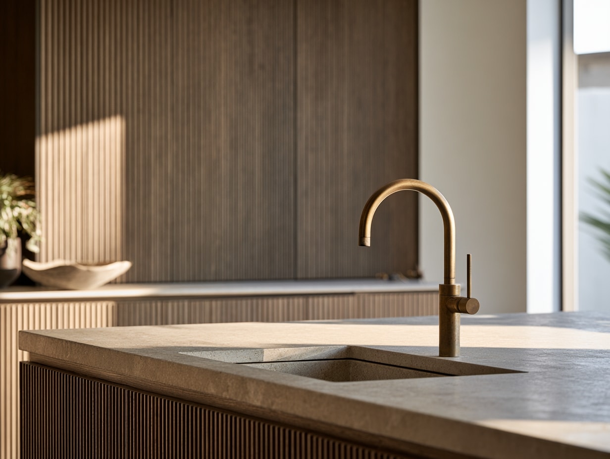 Custom kitchen cabinetry with fluted dark wood fronts and a brass tap