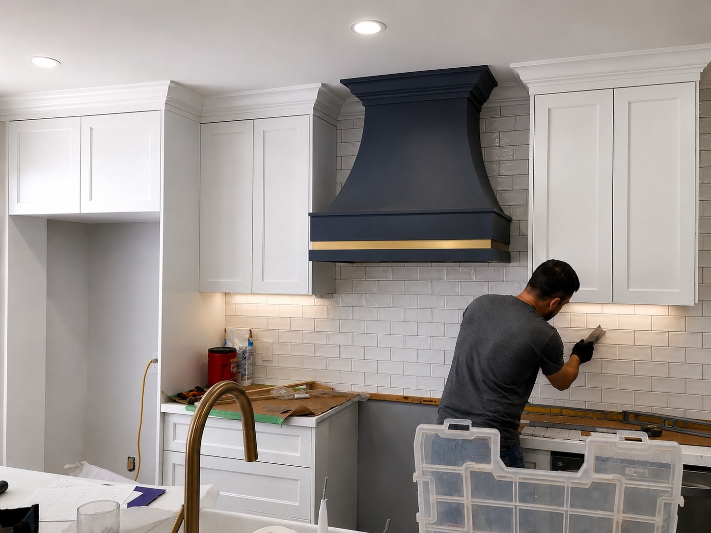 Installer hand-finishing a white subway tile backsplash beside a sculpted navy range hood with brass banding