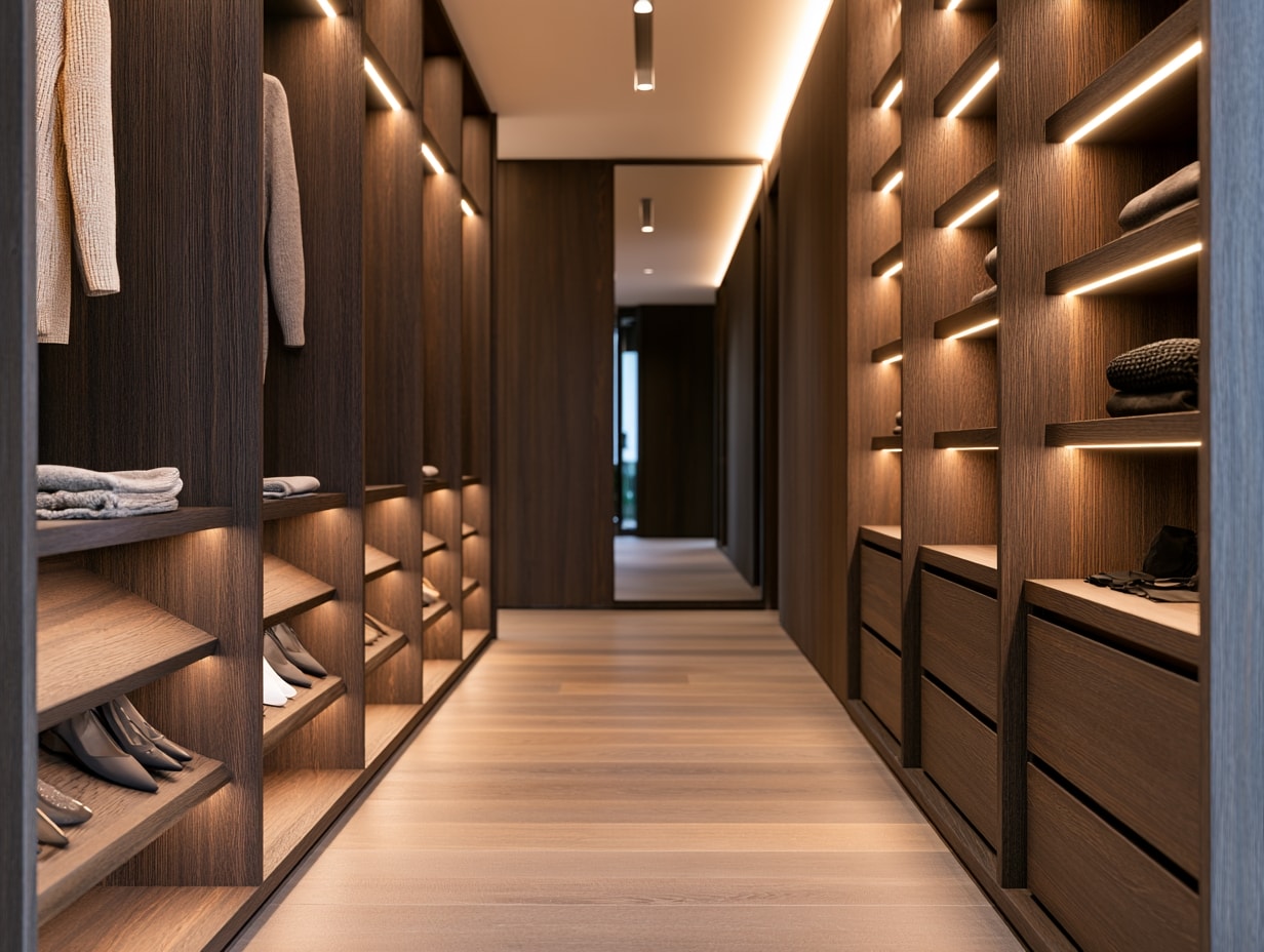 Custom walk-in closet with open hanging sections and integrated shelf lighting
