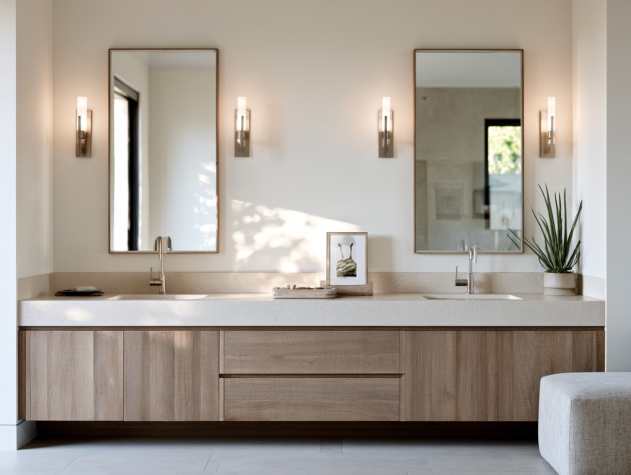 Double vanity with two basins, two mirrors, and a drawer bank between them