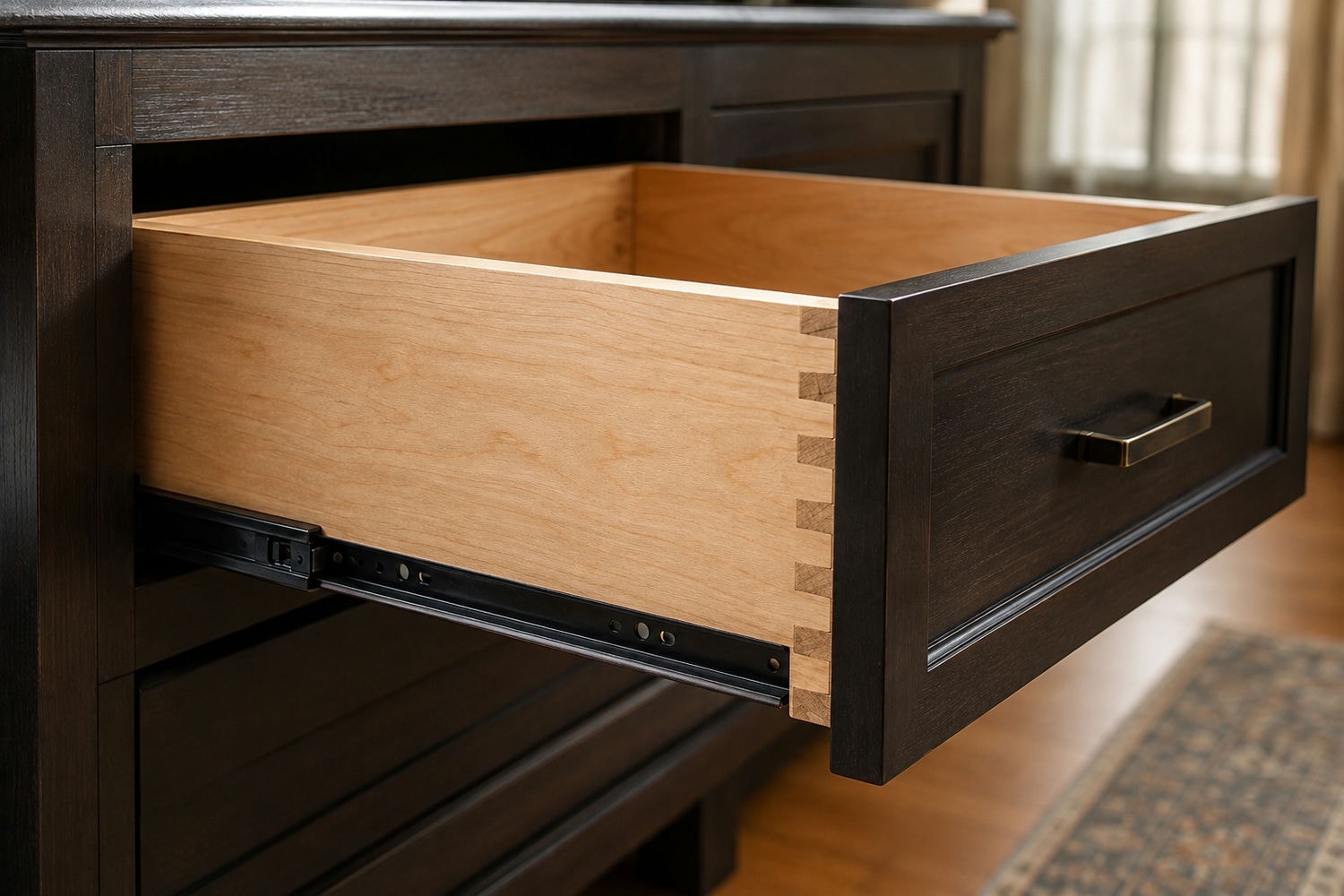 Dovetailed solid wood drawer box pulled open to show the joinery and runner