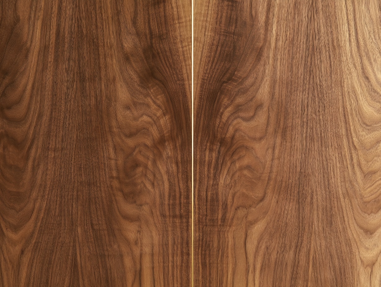 Book-matched figured walnut veneer panel with a fine brass inlay line