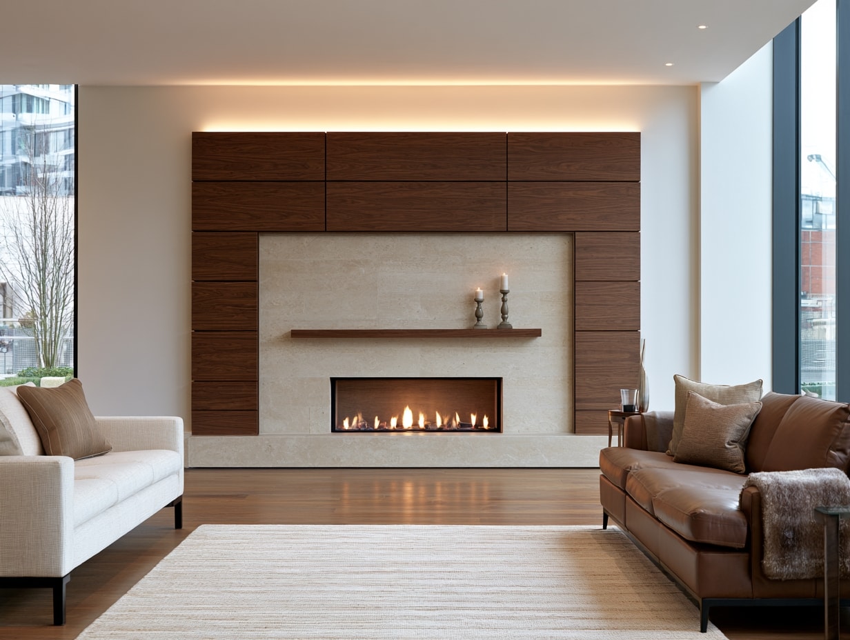 Full-height fireplace surround in timber and stone with an integrated floating mantel