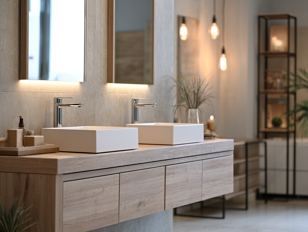 Wall-mounted floating vanity with open floor space beneath and a stone counter