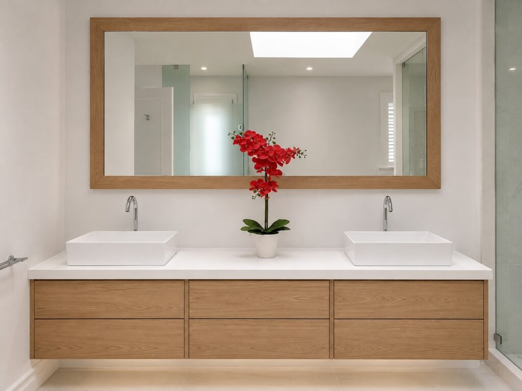 Floating rift-cut white oak double vanity with twin vessel basins and a matching full-width oak mirror in a GTA custom bathroom