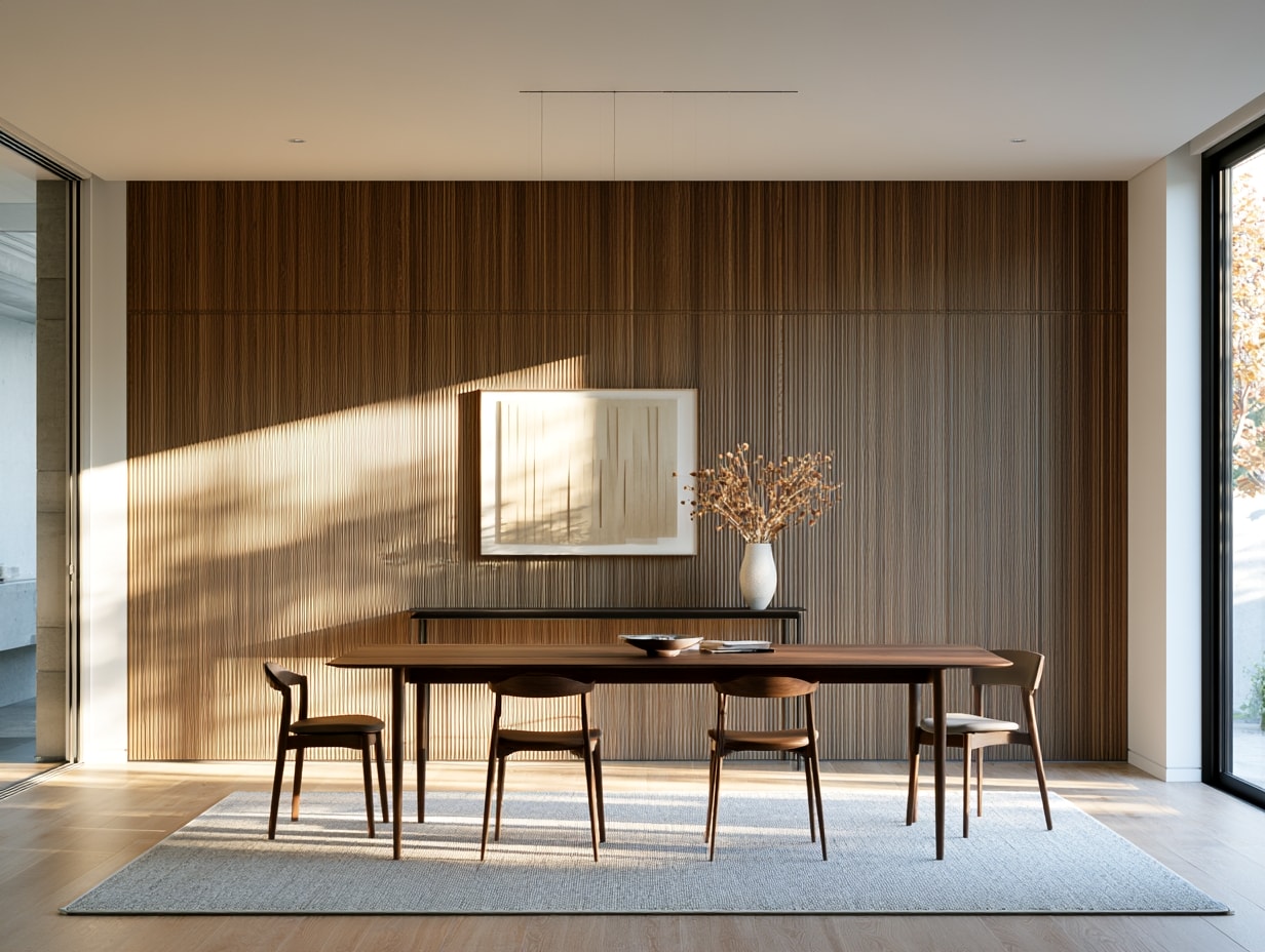 Full-height fluted wall panelling forming a feature wall in a dining room