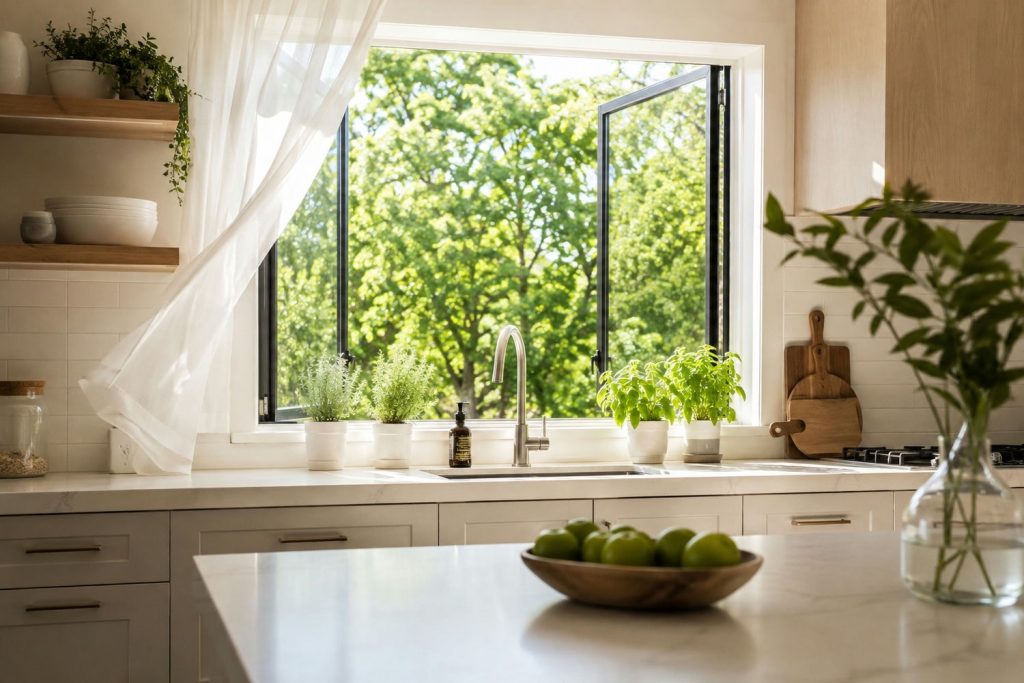 Sunlit kitchen with the window open over the sink and fresh houseplants on the counter