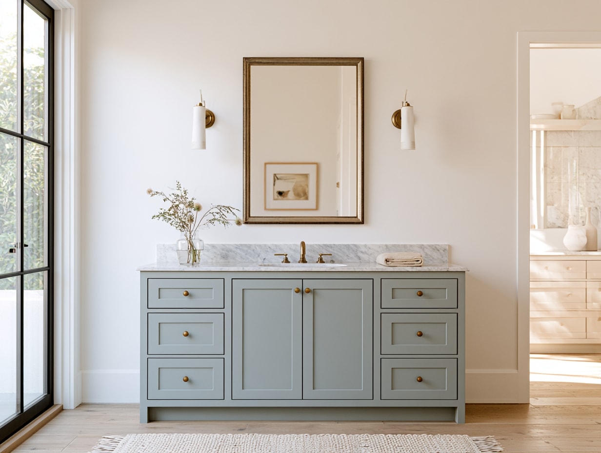 Full-height freestanding vanity with shaker doors and a marble top