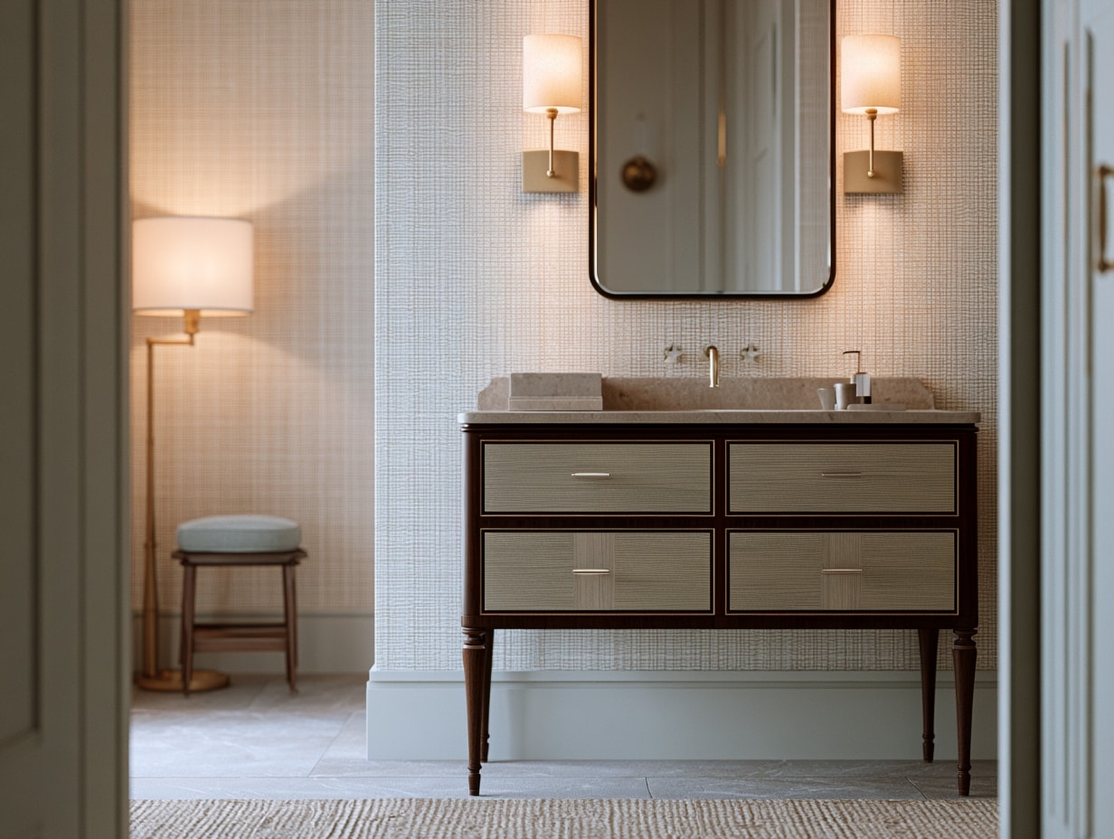 Furniture-style vanity with turned legs, inlaid detailing, and brass drop pulls