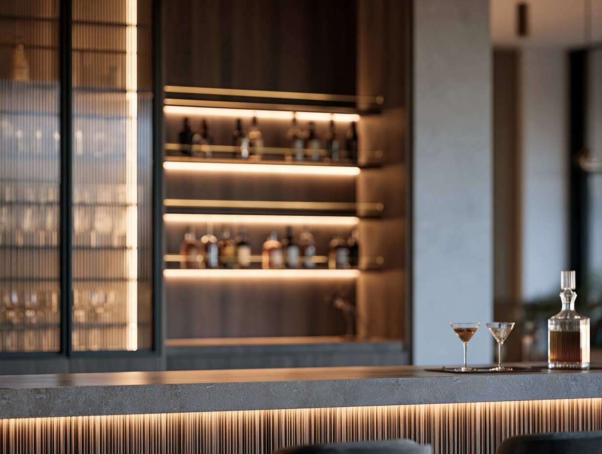 Home bar with a backlit bottle display, glassware cabinetry, and a stone counter