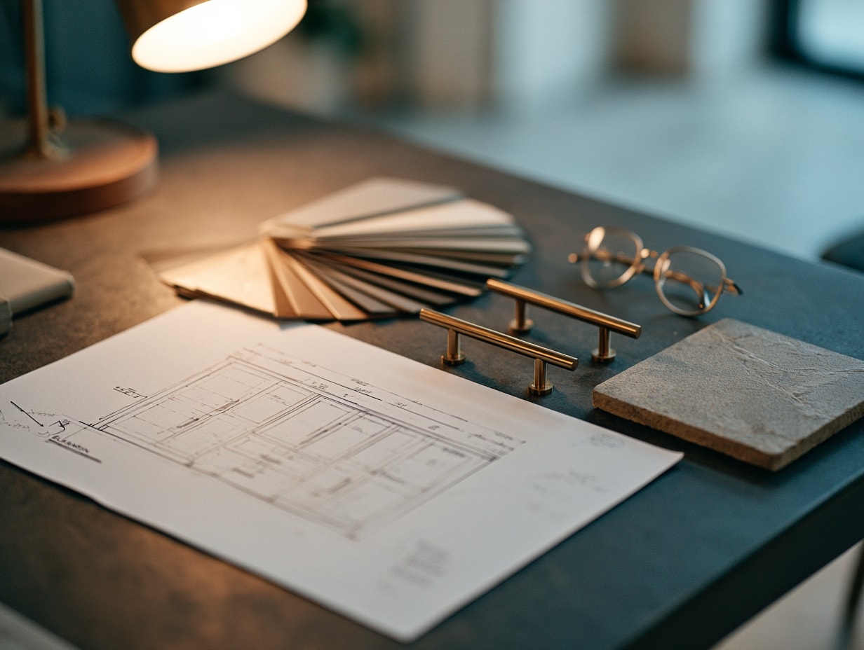 Dimensioned cabinet drawings, finish samples, and hardware laid out for a client review