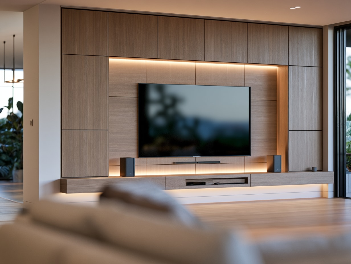 Media wall with a television recessed into panelled cabinetry and integrated lighting
