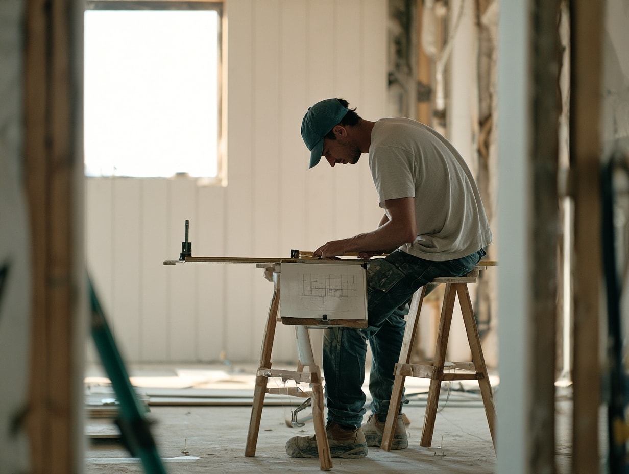 Installer taking detailed site measurements against an unfinished panelled wall