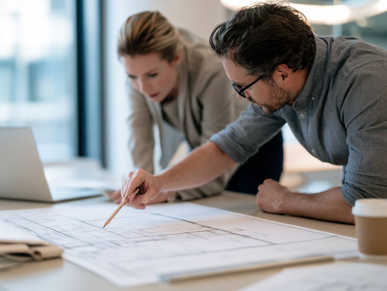 Designer and cabinetmaker reviewing millwork shop drawings together at a table