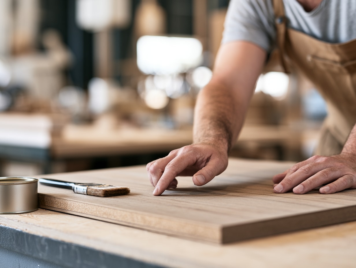 Cabinetmaker checking the sealed edge of a vanity carcass panel in the workshop