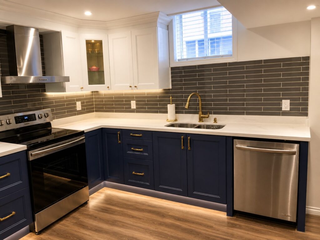 Midnight blue shaker base cabinets with brushed brass pulls and a gold faucet under a grey glass subway backsplash