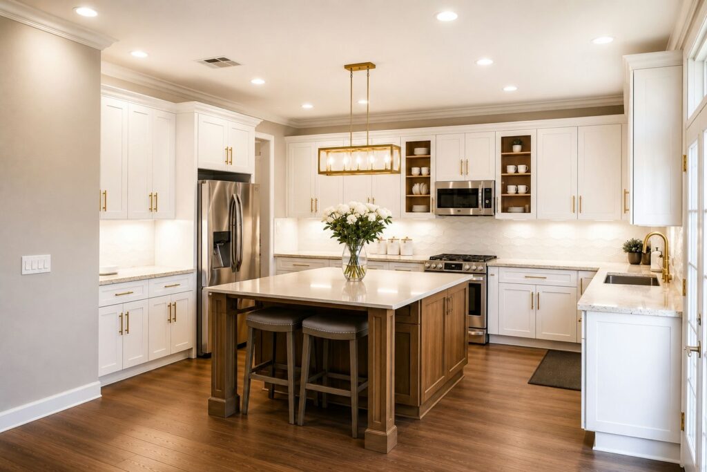 Off-white shaker kitchen with brass hardware, oak display niches and a wood island on furniture-style posts