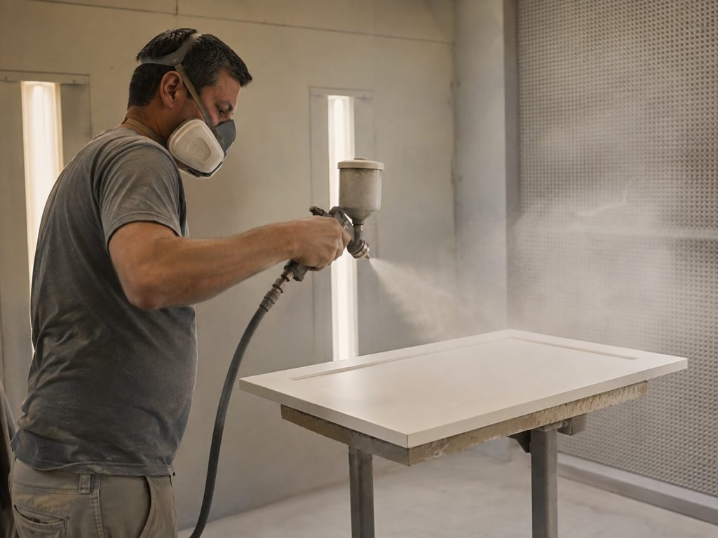 Finisher spray painting a shaker cabinet door in a workshop spray booth