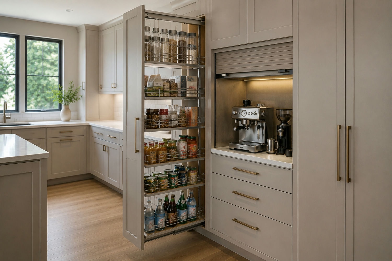 Full-height pantry pull-out beside an appliance garage with the tambour door lifted