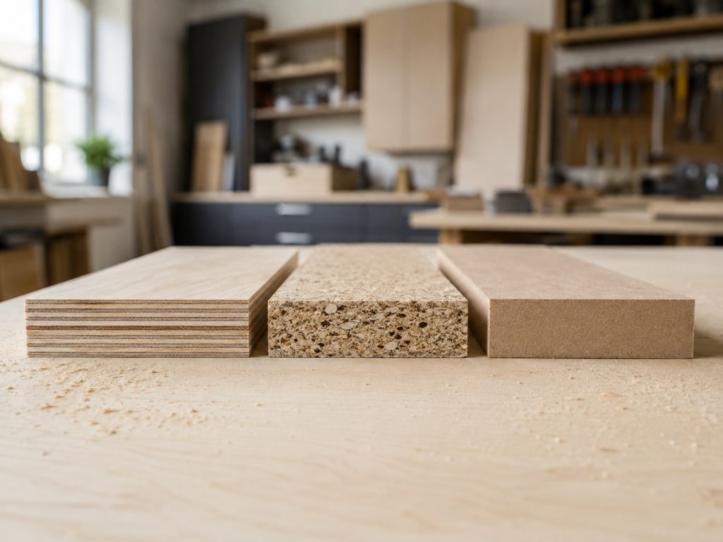 Plywood kitchen cabinet panel compared edge to edge with particleboard and MDF on a cabinetmaker's bench