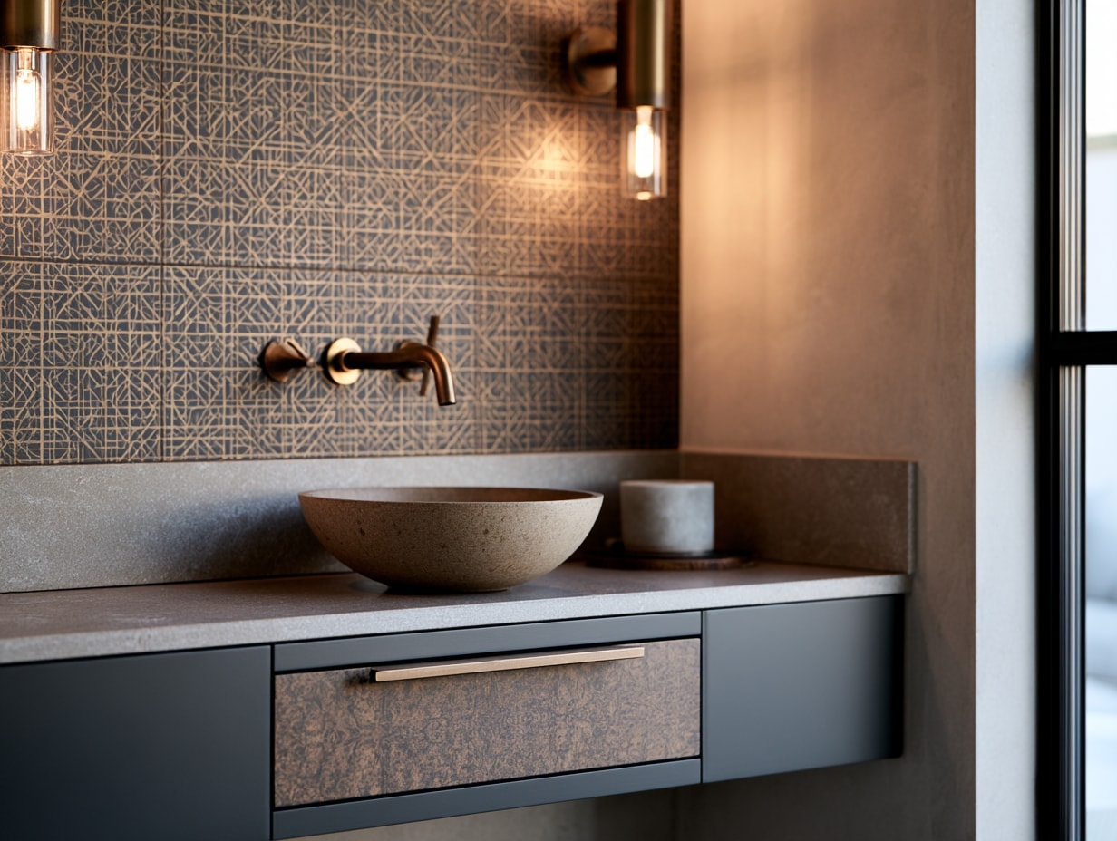 Compact powder room vanity in a dramatic dark finish with a figured veneer front