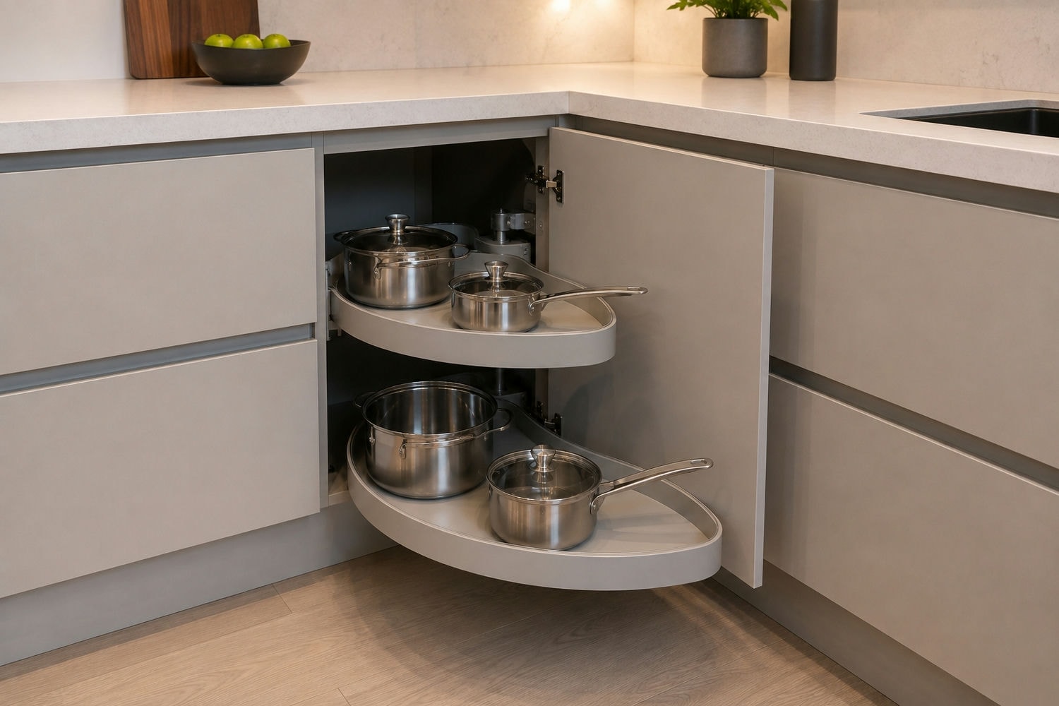 Pull-out corner cabinet system swung open with pots stored on its shelves