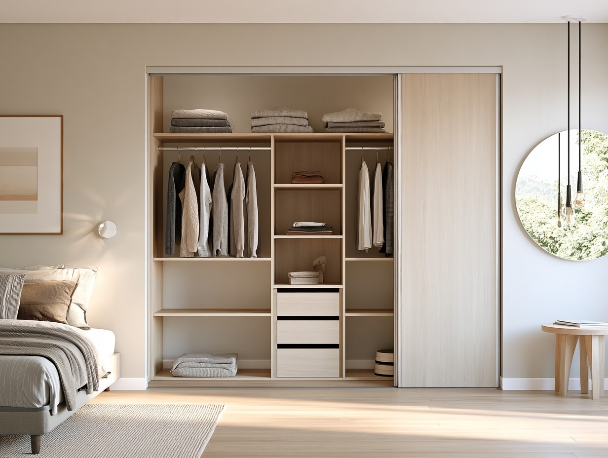 Fitted reach-in closet with adjustable shelving, a drawer stack, and double hanging rails