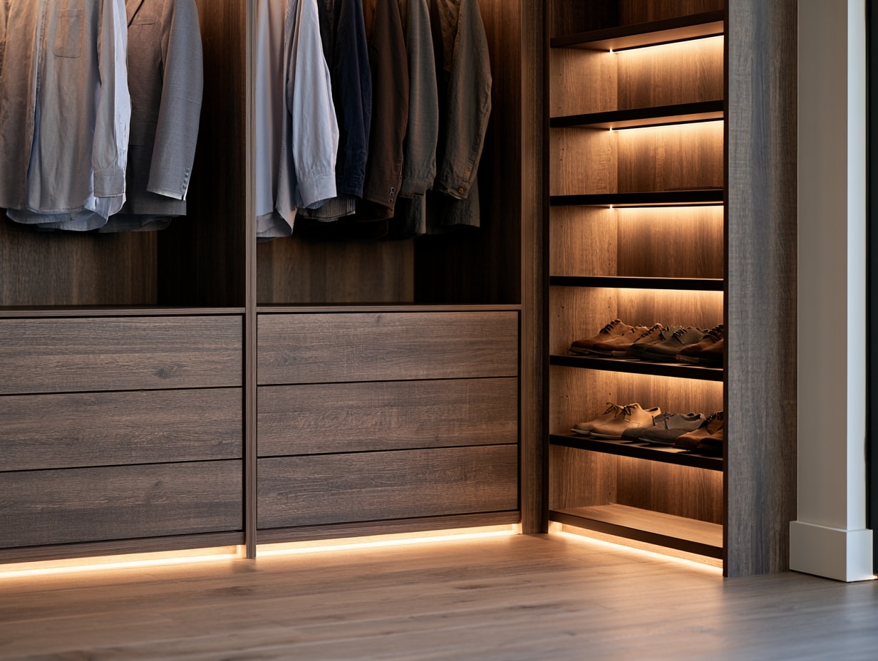Walk-in closet with double hanging sections, drawer banks, and an angled shoe wall