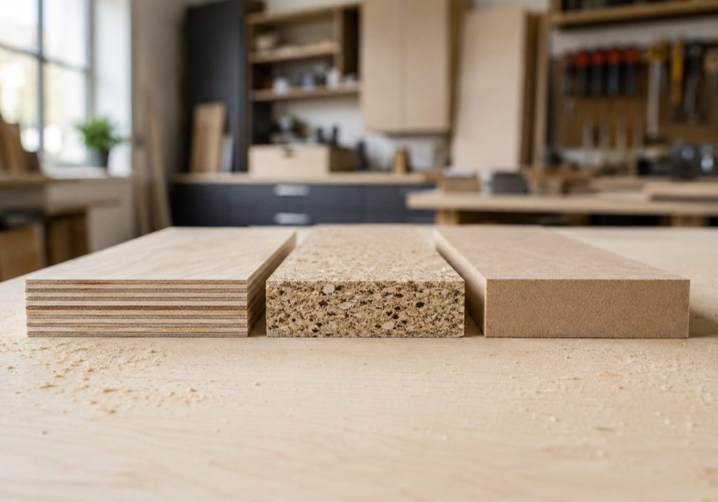 Plywood kitchen cabinet panel compared edge to edge with particleboard and MDF on a cabinetmaker's bench